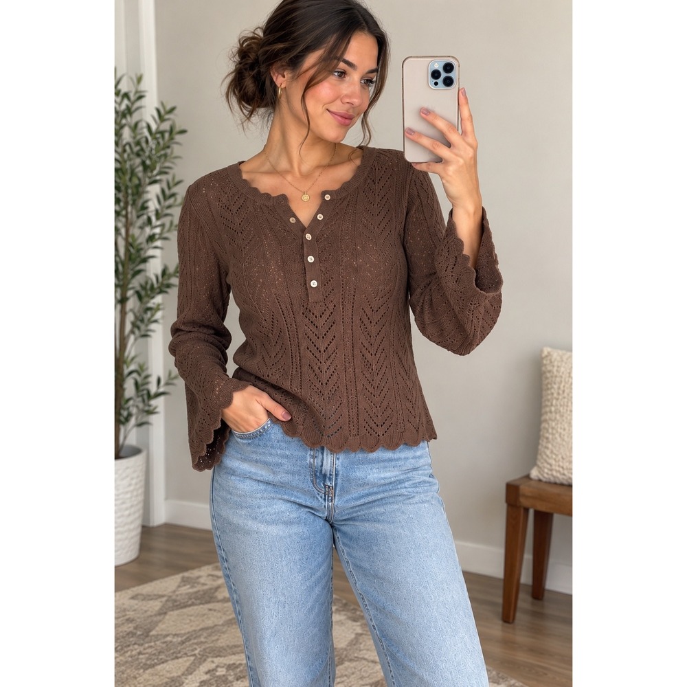 GAP Pointelle Henley Sweater NWT Brown Taupe Size M Bell Sleeve